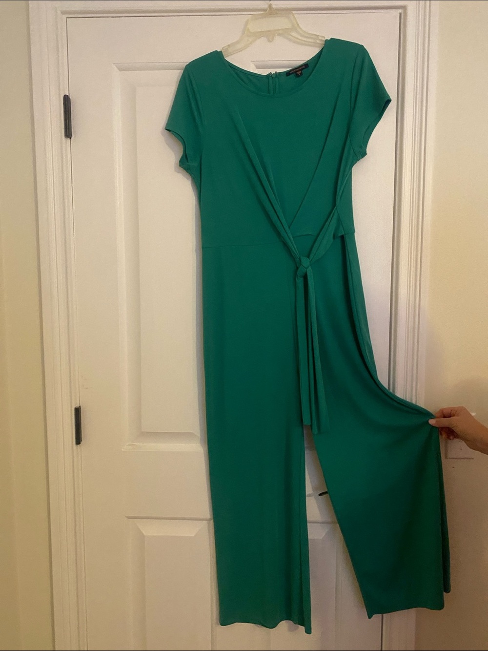 Skies Are Blue Emerald Green Short-Sleeve Jumpsuit with Tie Waist